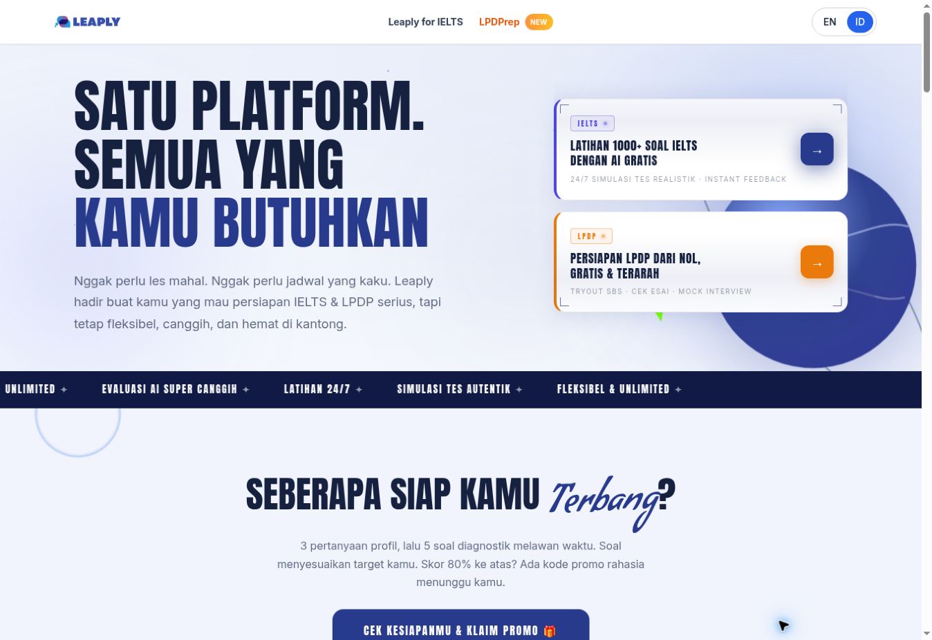 Current Leaply homepage showing its IELTS and LPDP preparation platform